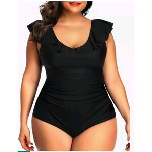 Daci Swimsuit Womens Size 20W NEW Black One Piece Ruffled Neck Removable Pads